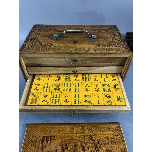 311 - Mah Jong, Vintage Chinese Mah Jong Gaming set in five drawer carved wooden chest, Faux Ivory tiles, ... 