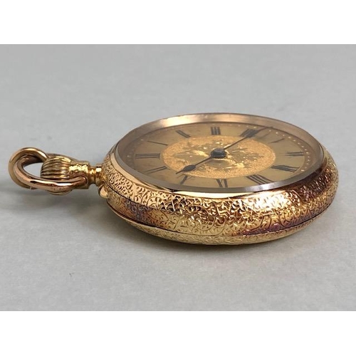 36A - Victorian 18ct yellow gold fob watch, the beautifully engraved case set with a fruit decorated dial ... 