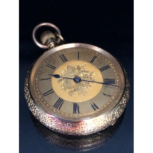 36A - Victorian 18ct yellow gold fob watch, the beautifully engraved case set with a fruit decorated dial ... 