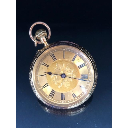 36A - Victorian 18ct yellow gold fob watch, the beautifully engraved case set with a fruit decorated dial ... 