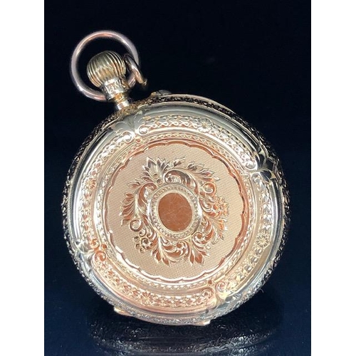 36A - Victorian 18ct yellow gold fob watch, the beautifully engraved case set with a fruit decorated dial ... 