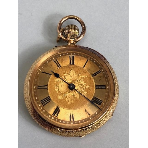 36A - Victorian 18ct yellow gold fob watch, the beautifully engraved case set with a fruit decorated dial ... 