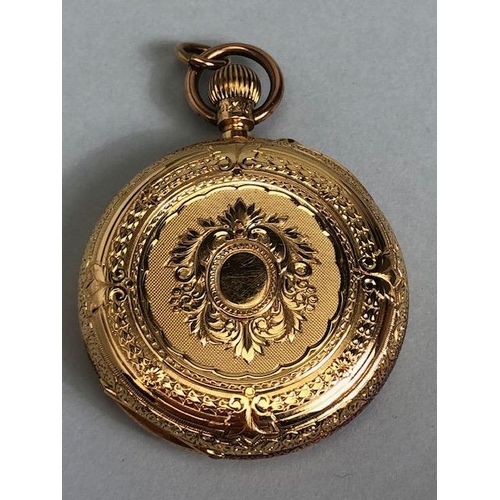 36A - Victorian 18ct yellow gold fob watch, the beautifully engraved case set with a fruit decorated dial ... 