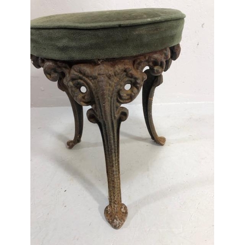 378 - Antique Victorian style cast iron dressing table stool, round padded upholstered top on four gothic ... 