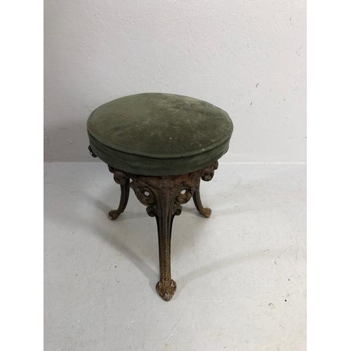 378 - Antique Victorian style cast iron dressing table stool, round padded upholstered top on four gothic ... 