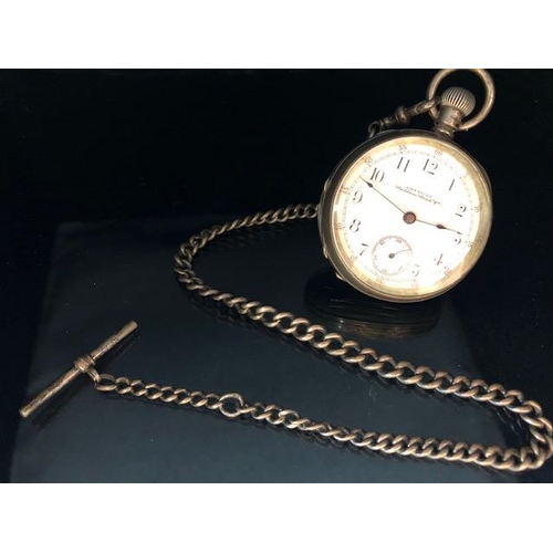 37A - Silver hallmarked Pocket watch and chain, Arabic numeral dial with outer minute ring and subsidiary ... 