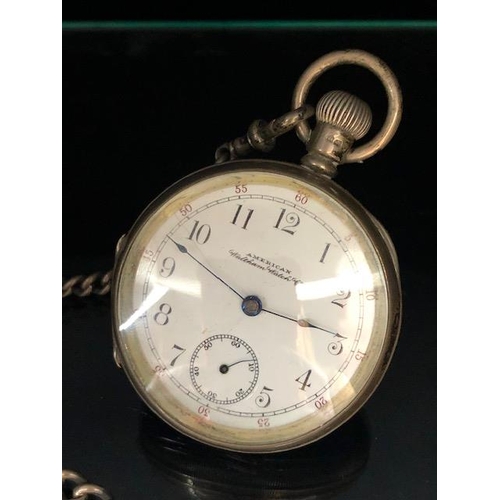 37A - Silver hallmarked Pocket watch and chain, Arabic numeral dial with outer minute ring and subsidiary ... 