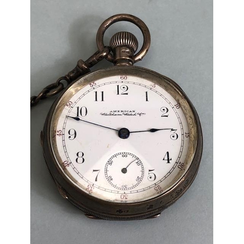 37A - Silver hallmarked Pocket watch and chain, Arabic numeral dial with outer minute ring and subsidiary ... 