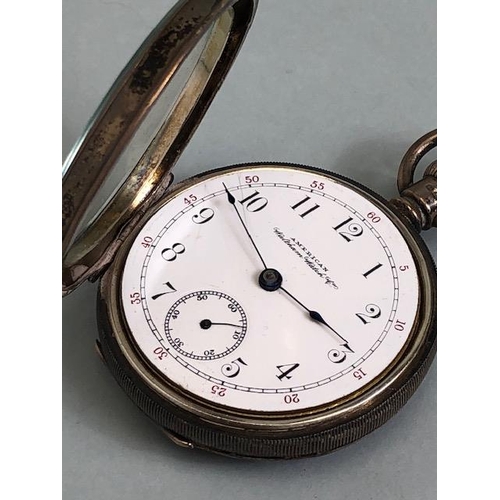 37A - Silver hallmarked Pocket watch and chain, Arabic numeral dial with outer minute ring and subsidiary ... 