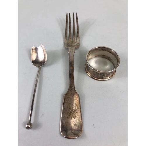 38 - Hallmarked silver items to include napkin ring, fork and interesting shaped spoon total weight appro... 