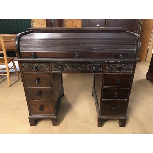 382 - Vintage furniture, 20th Century roll top knee hole desk with run of 4 drawers each side and central ... 