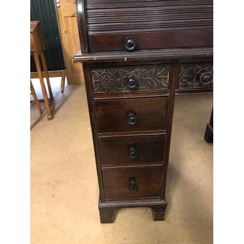 382 - Vintage furniture, 20th Century roll top knee hole desk with run of 4 drawers each side and central ... 