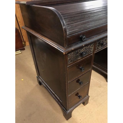 382 - Vintage furniture, 20th Century roll top knee hole desk with run of 4 drawers each side and central ... 