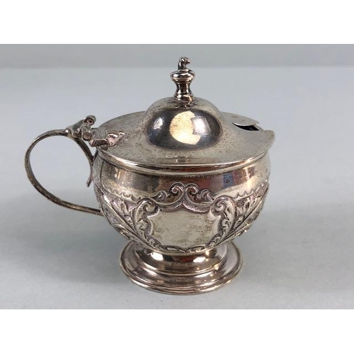 41 - Antique English Hallmarked Silver Birmingham 1896, covered salt pot, repose scroll design hinged lid... 