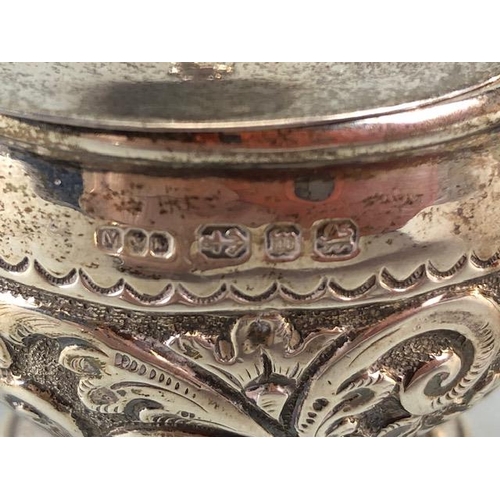 41 - Antique English Hallmarked Silver Birmingham 1896, covered salt pot, repose scroll design hinged lid... 