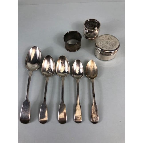 46 - Antique English Hallmarked silver, 4 Georgian teaspoons, Victorian dessert spoon, 2 napkin rings and... 