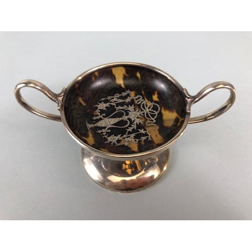 49 - Antique English Silver pin dish shaped as an urn, faux tortoise shell bowl silver inlaid decoration ... 