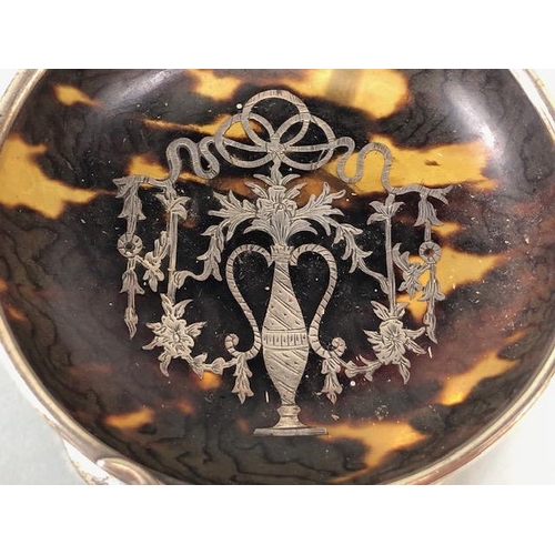 49 - Antique English Silver pin dish shaped as an urn, faux tortoise shell bowl silver inlaid decoration ... 