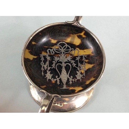 49 - Antique English Silver pin dish shaped as an urn, faux tortoise shell bowl silver inlaid decoration ... 