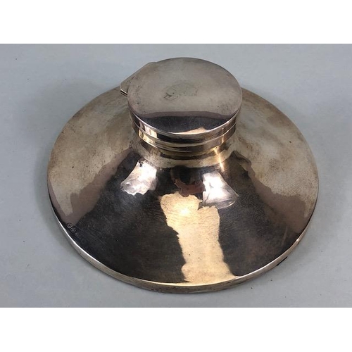 50 - Silver hallmarked large circular based ink well with hinged lid and glass inset, the filled base app... 