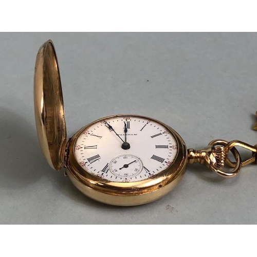 51 - 14ct Gold Ladies Fob Watch by USA maker Waltham with white dial and baton markers approx 33mm in dia... 