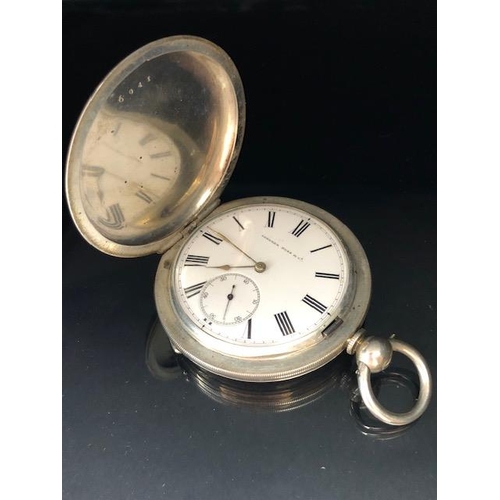 51A - Silver hallmarked full hunter pocket watch, white face with roman numerals and subsidiary minute dia... 