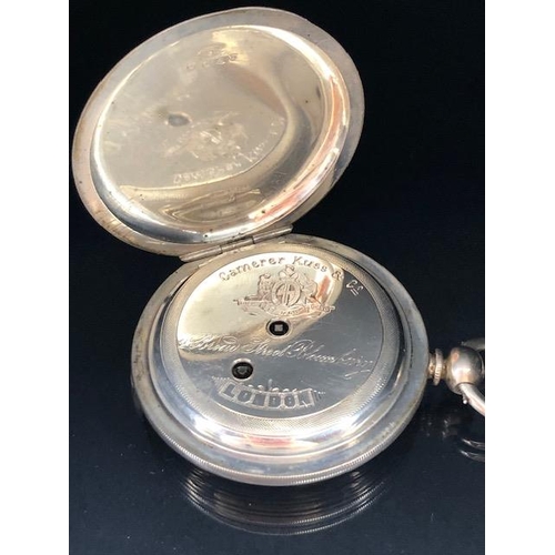 51A - Silver hallmarked full hunter pocket watch, white face with roman numerals and subsidiary minute dia... 