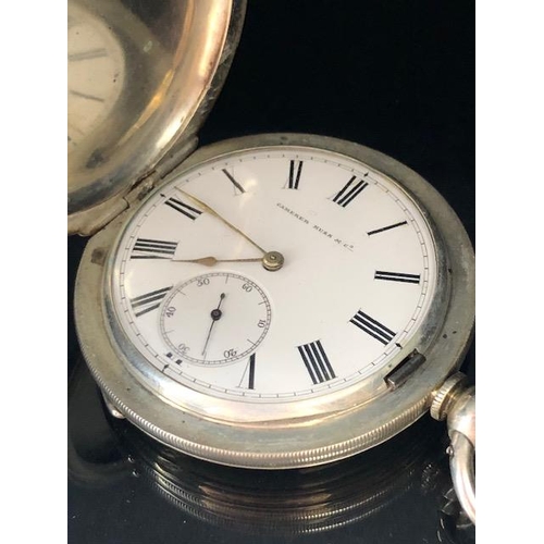 51A - Silver hallmarked full hunter pocket watch, white face with roman numerals and subsidiary minute dia... 