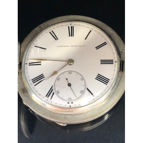 51A - Silver hallmarked full hunter pocket watch, white face with roman numerals and subsidiary minute dia... 