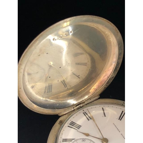 51A - Silver hallmarked full hunter pocket watch, white face with roman numerals and subsidiary minute dia... 