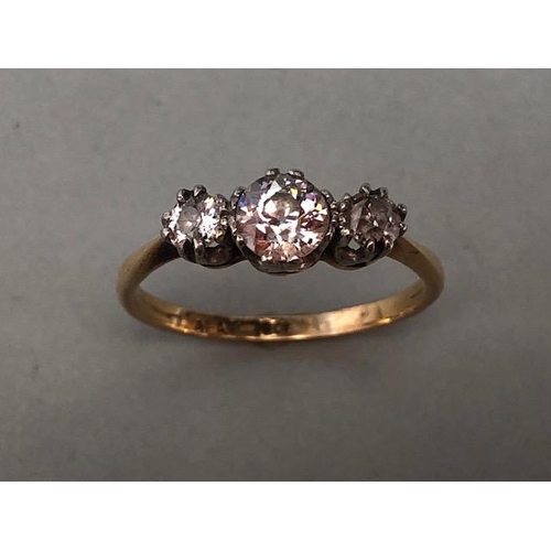 57 - 18ct yellow gold three stone diamond ring size approx 'M' & total weight approx 2.2g