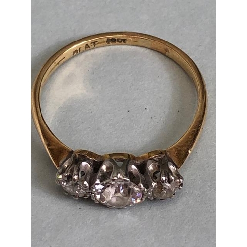 57 - 18ct yellow gold three stone diamond ring size approx 'M' & total weight approx 2.2g