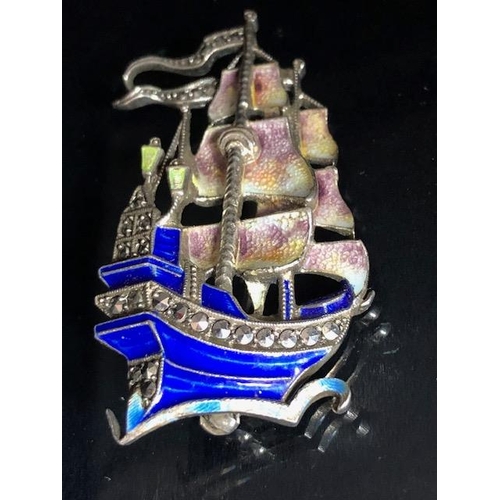 63 - Silver 925 marcasite and enamel brooch depicting a ship or Galleon makers mark to reverse 