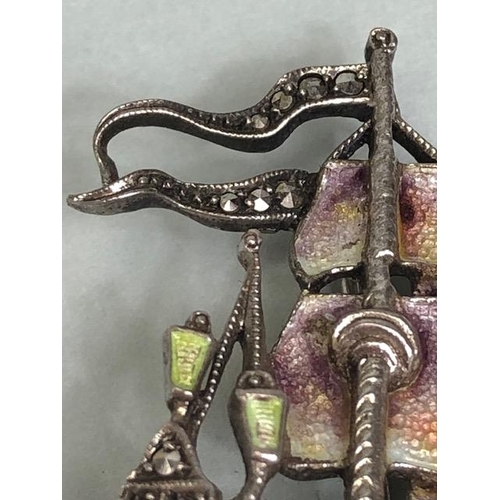 63 - Silver 925 marcasite and enamel brooch depicting a ship or Galleon makers mark to reverse 