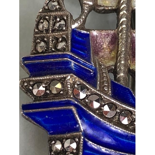 63 - Silver 925 marcasite and enamel brooch depicting a ship or Galleon makers mark to reverse 