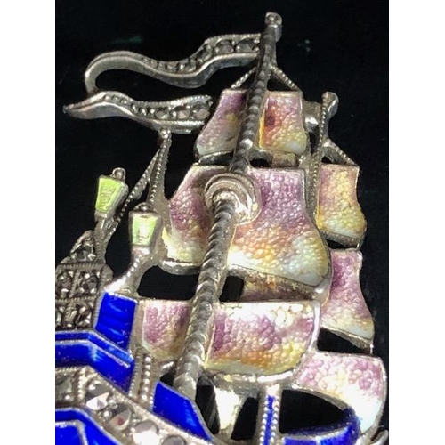 63 - Silver 925 marcasite and enamel brooch depicting a ship or Galleon makers mark to reverse 