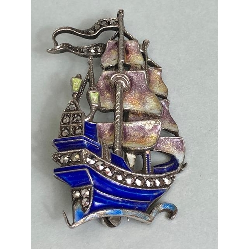 63 - Silver 925 marcasite and enamel brooch depicting a ship or Galleon makers mark to reverse 