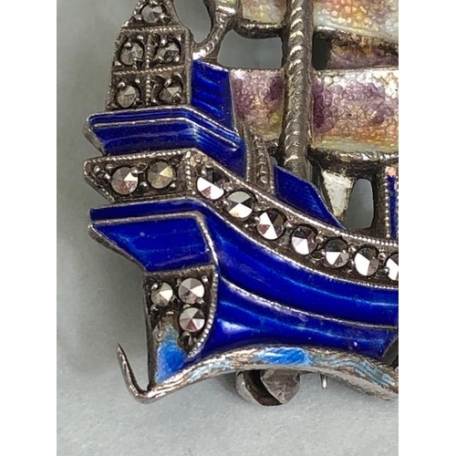 63 - Silver 925 marcasite and enamel brooch depicting a ship or Galleon makers mark to reverse 