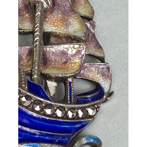 63 - Silver 925 marcasite and enamel brooch depicting a ship or Galleon makers mark to reverse 