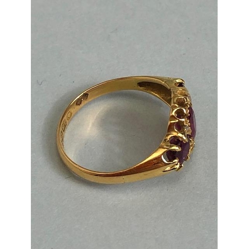 65a - 18ct Gold ring set with diamonds and red/ pink gemstones size 'O' and 3g