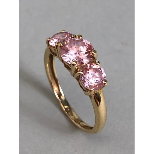 69a - 14ct Gold ring three stone pink gemstones size 'M'