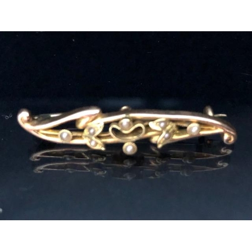 7 - 15ct (marked .625) Gold Bar Brooch set with seed Pearls fully hallmarked with Makers mark F.B approx... 