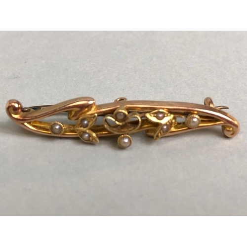 7 - 15ct (marked .625) Gold Bar Brooch set with seed Pearls fully hallmarked with Makers mark F.B approx... 