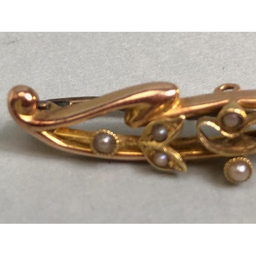 7 - 15ct (marked .625) Gold Bar Brooch set with seed Pearls fully hallmarked with Makers mark F.B approx... 