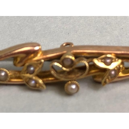 7 - 15ct (marked .625) Gold Bar Brooch set with seed Pearls fully hallmarked with Makers mark F.B approx... 