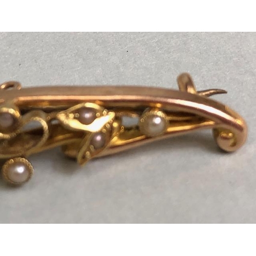 7 - 15ct (marked .625) Gold Bar Brooch set with seed Pearls fully hallmarked with Makers mark F.B approx... 