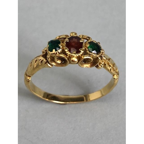 72a - Antique unmarked gold ring of Victorian style design set with gemstones  mounted in scroll work gold... 