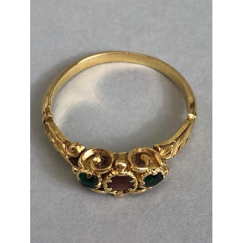 72a - Antique unmarked gold ring of Victorian style design set with gemstones  mounted in scroll work gold... 