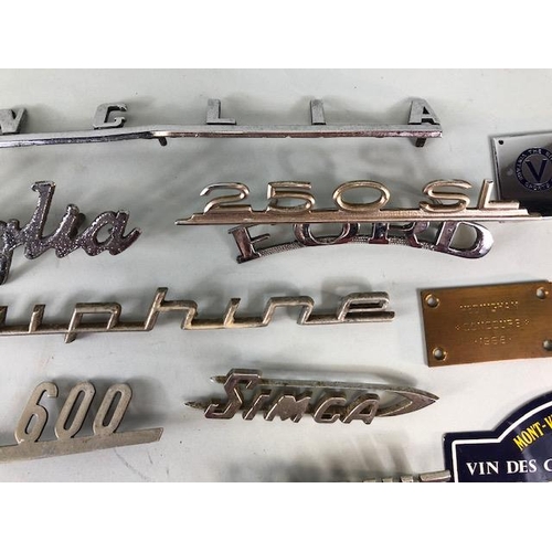 74 - Vintage automobilia, Car badges, to include make and model badges, Ford, Fiat, Simca, Renault Etc, a... 