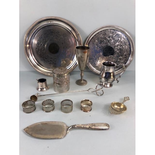 82 - Antique and modern Silver Plated Items, collection of items to include tankard, candle snuffer, napk... 